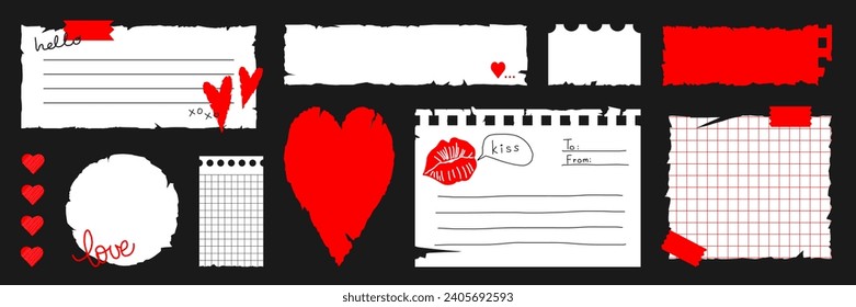 Set of torn paper sheets, stickers and heart shapes. Memo for Valentine’s day. Vector illustration for posters design, collage, card.

