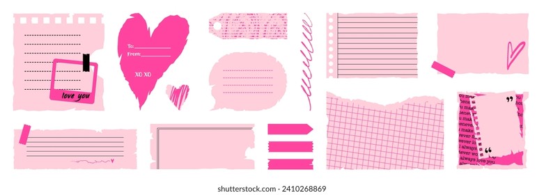 Set of torn paper sheets, stickers and heart shapes. Memo for Valentine’s day. Vector illustration for posters design, collage, card.
