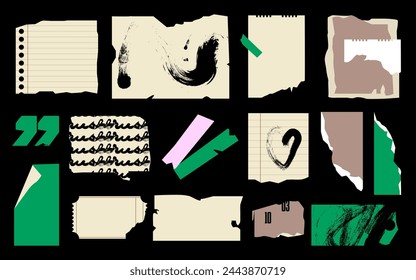 Conjunto de hojas de papel rasgadas, pegatinas y formas de mensaje. Ilustración vectorial para el diseño de carteles, collage, tarjeta.