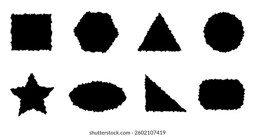 Set of torn paper silhouettes of different shapes. Vector illustration of a square, circle, rectangle with jagged uneven edges.