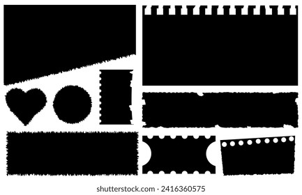Set of torn paper silhouettes. A torn notebook, pieces of paper, a ticket and a coupon. Elements for collage designs on isolated transparent background. Vector illustration