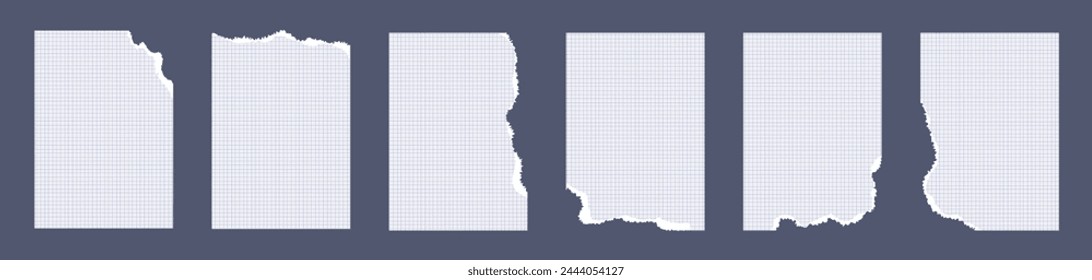 Set of torn paper snippets. A checkered crump notebook sheet. White grunge rectangles with jagged edges. Vector illustration for stickers, collages, banners. Ripped abstract shapes