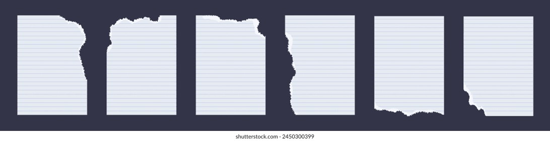 Set of torn paper snippets. A lined crumple notebook sheet. White grunge rectangles with jagged edges. Vector illustration for stickers, collages, banners. Ripped abstract shapes