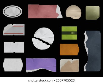 Set of torn paper and sticker designs. Vector illustration includes various shapes like circles, rectangles, and tickets in different colors and textures.