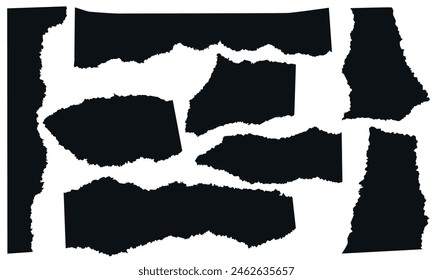 Conjunto de pegatinas de papel rasgado, Colección de tiras con bordes rasgados, marcos negros, Ilustración vectorial
