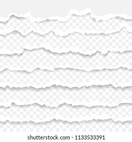 Set of torn paper stripes. Paper texture with damaged edge isolated on transparent background. Vector illustration.