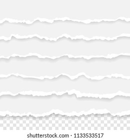 Set of torn paper stripes. Paper texture with damaged edge isolated on transparent background. Vector illustration.