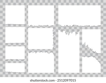 Set of torn paper strips, pieces of paper with torn edges stuck on transparent background. Vector illustration
