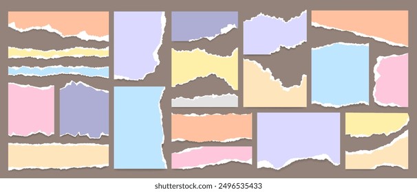 Set of torn paper texture sheet, note scrap, ripped notebook page and damaged newspaper clip art. Torn grunge paper strip, office sticky label, business information or message cutout for social media.