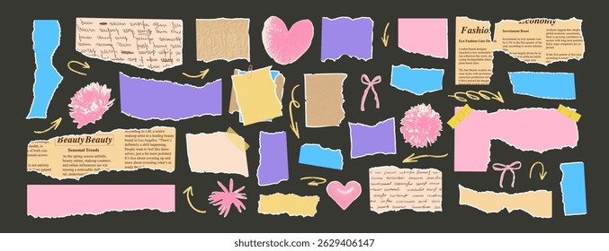 Set of torn papers with flowers cutouts. Tear romantic sheet pieces with arrows and heart. Blanks with uneven textured edges. Empty colorful callout for text. Vector hand drawn illustration.