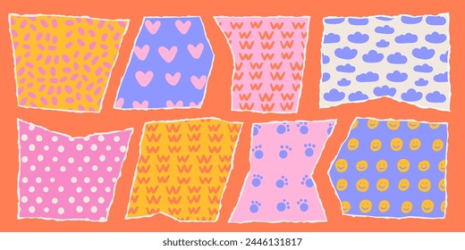 Set of torn papers with funny childish patterns . Bright color palette collage shapes of ripped paper silhouettes. Old vintage paper backgrounds. Abstract pastel scratched design. Vector illustration