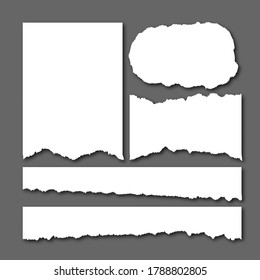 Set of torn papers on grey background. Realistic ripped paper sheets