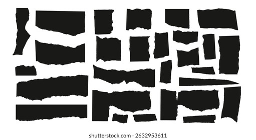 Set of torn papers silhouette. Tear sheet pieces black pack. Blanks with uneven textured edges. Newspapers cutouts. Empty callouts figures for text. Vector hand drawn geometric edged shapes.