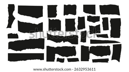 Set of torn papers silhouette. Tear sheet pieces black pack. Blanks with uneven textured edges. Newspapers cutouts. Empty callouts figures for text. Vector hand drawn geometric edged shapes.