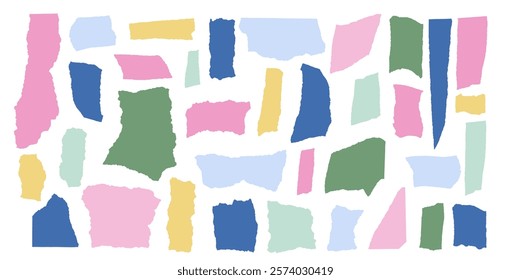 Set of torn papers. Tear sheet pieces pack. Blanks with uneven textured edges. Newspapers cutouts. Empty colorful stylized callouts figures for text. Vector hand drawn collection geometric shapes.