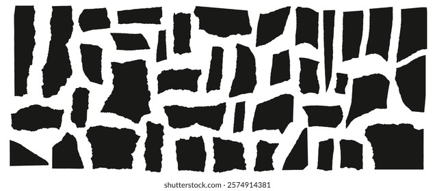 Set of torn papers. Tear sheet pieces black pack. Blanks with uneven textured edges. Newspapers cutouts. Empty colorful stylized callouts figures for text. Vector hand drawn geometric shapes.