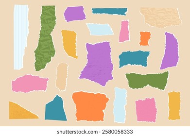 Set of torn papers. Tear sheet pieces pack. Blanks with uneven textured edges. Newspapers crinkled mockup. Empty colorful stylized callouts for text. Vector hand drawn collection illustration isolated