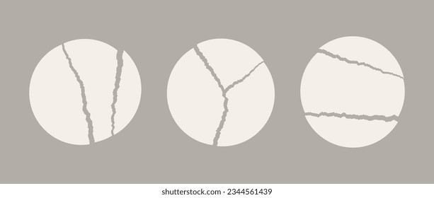 Set of torn in parts paper circles. Collection of disrupted round elements with jagged edges. Ripped paper shapes pack for poster, banner, collage, note, text box, sticker. Vector illustration bundle