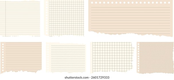 Set of torn and perforated notebook paper sheets with lined, grid, and dot patterns. Vintage-style stationery elements. Blank and editable templates for note-taking