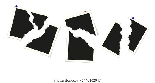 Set of torn photo frames with buttons. Retro snapshots, snapshot mockup, torn old photo. Realistic template with shadow.