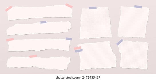 Conjunto de trozos de papel de notas de color rosa roto, las tiras están en el fondo para el texto, notas o anuncio.