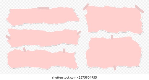 Set of torn pink pieces of paper are on white background for text, notes or ad.