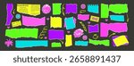 Set of torn punk papers with flowers cutouts. Tear vibrant sheet pieces with arrows and pixels. Blanks with uneven textured edges. Empty colorful callout for text. Vector hand drawn illustration.