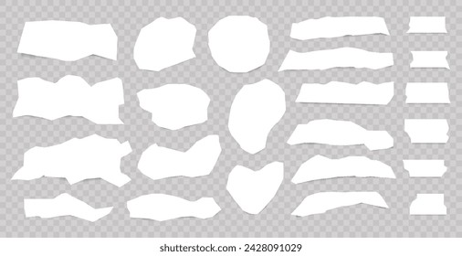 Conjunto de bordes rasgados y trozos de tira de papel. Vector rasgado elemento de hoja aislado para scrapbook. Fondos de papel de rectángulo dentado. Grunge formas de encabezado, pegatinas, elementos de collage 
