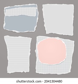 Set of torn ripped colorful and white note, notebook paper stripes are on grey background for text, advertising or design. Vector illustration