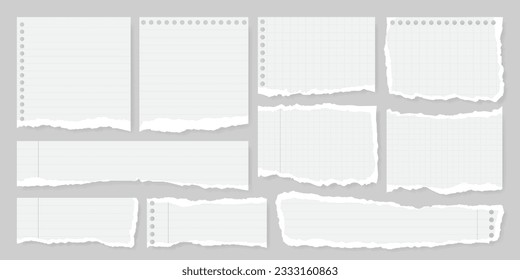 Set of torn or ripped notebook paper with line, grid, dot and margin. Split note, scrap page and newspaper tear with edges for abstract banner background. Social media grunge label or scrapbook strip.