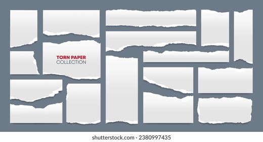 Conjunto de papel rasgado o despedazado o de papel o tira de titulares de periódicos, imágenes prediseñadas con textura gruesa para la decoración de fondo de los medios sociales. Rasque papel de negocio o etiqueta como adorno. Página de desecho o desgarro de notas de Office.