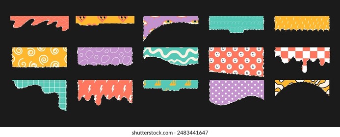 Set of torn or ripped paper sheet with funny pattern. Design elements for contemporary art collage. Vector illustration.