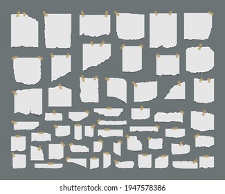 Set of torn ripped paper sheets with sticker. Ripped notebook paper in different shapes and size. Texture page, textured memo sheet.