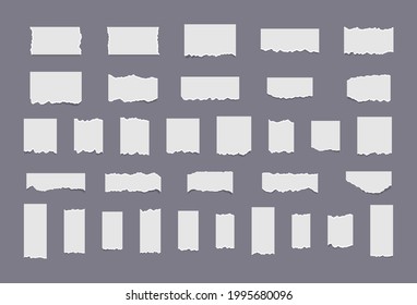 Set of torn ripped paper sheets with sticker. Ripped notebook paper in different shapes and size. Texture page, textured memo sheet.