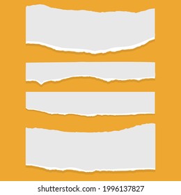 Set of torn ripped paper sheets of white color, notebook paper on orange background. Vector illustration
