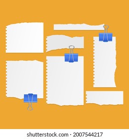 Set of torn ripped paper sheets of white color, notebook paper on orange background