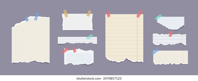 Juego de hojas de papel rasgadas con pegatina. Hojas rasgadas de cuaderno, página de textura, hoja de memo texturizada. Notas de papel en pegatinas.