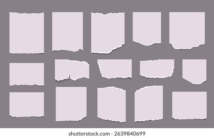 Set of torn ripped paper sheets with sticker. Torn sheets of notebook, texture page, textured memo sheet. Paper notes on stickers.