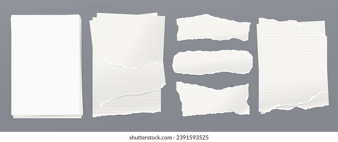 Set of torn, ripped paper, stack of white blank notebook paper with soft shadow are on dark grey background for text..
