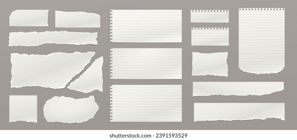 Set of torn, ripped paper strips, lined notebook paper with hard shadow are on dark grey background for text.