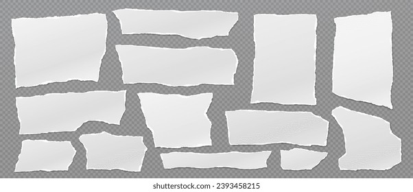 Set of torn, ripped paper strips with soft shadow are on dark grey squared background for text, notes, ad.