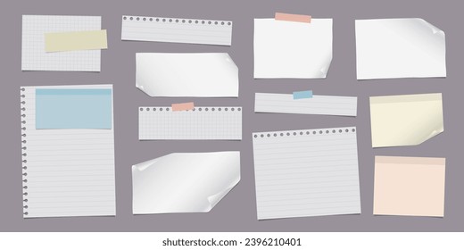 Un conjunto de tiras de papel rotas, de papel rasgado, de hoja de bloc de notas con un tipo adhesivo y una sombra suave están sobre fondo marrón para texto, notas y anuncios.