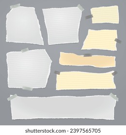 Set of torn, ripped paper strips, lined notebook sheet with adhesive type and soft shadow are on grey background for text, notes, ad.