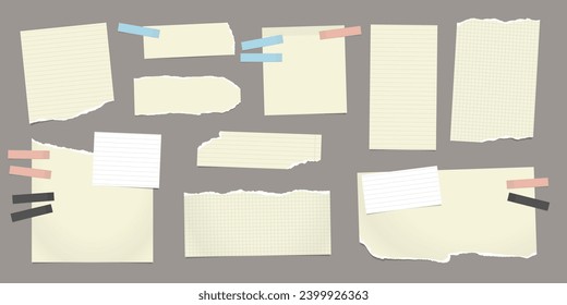 Set of torn, ripped paper strips, lined notebook sheet with adhesive type and soft shadow are on brown background for text, notes, ad.