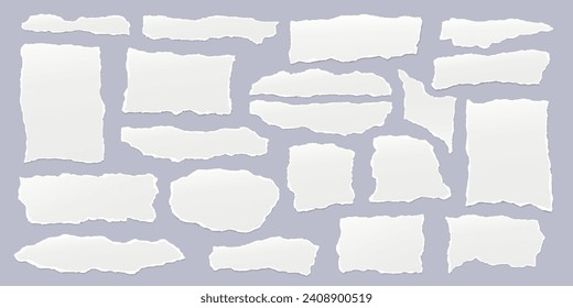 Set of torn, ripped paper strips with soft shadow are on light grey background for text.