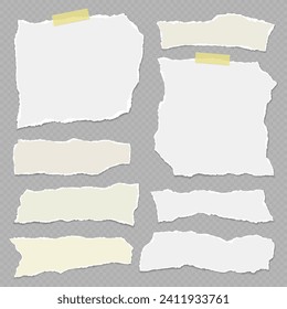 Set of torn, ripped paper strips with adhesive type and soft shadow are on grey background for text, notes, ad.