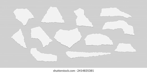 Set of torn, ripped paper strips with soft shadow are on lined grey background for text or ad.