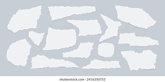 Set of torn, ripped paper strips with soft shadow are on light background for text or ad.