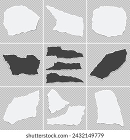 Set of torn, ripped paper strips with soft shadow are on squared background for text or ad, can be used as flyers or banners.