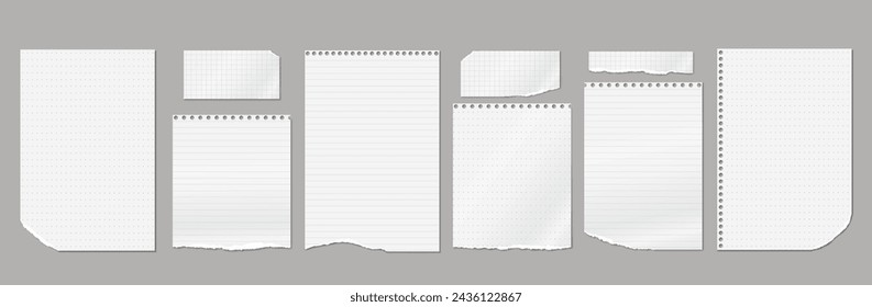 Set of torn, ripped paper strips, lined notebook paper with soft shadow are on dark grey background for text.